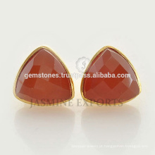Handcrafted Gold Plated Fanta Calcedonia Gemstone Stud Earrings, Atacado Bezel Earrings Jóias Fornecedor
